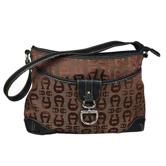 Vintage Etienne Aigner Signature Brown Fabric And Black Leather Shoulder Bag - Picture 1 of 11
